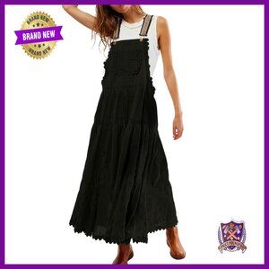 Black Maxi Pinafore Dress - Sleeveless Tiered Sundress